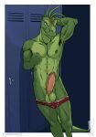  anthro athletic athletic_male balls clothed clothing dinosaur dinosaurs_(series) erection genitals hi_res invalid_tag iudicium86 leaning_on_object locker_room male nipple_fetish nipple_pinch nipple_play partially_clothed penis pinch reptile robbie_sinclair scalie solo underwear underwear_down 