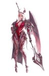  angel angel_wings armor bangs bodysuit breasts circlet covered_navel greaves green_eyes hair_over_eyes hand_on_hip highres holding holding_polearm holding_weapon kou_(kokounene) large_breasts leg_armor legs long_legs multicolored_hair narrow_waist original polearm red_bodysuit red_hair scoop_neck shoulder_armor simple_background single_wing skin_tight spear thick_thighs thighs tight weapon white_background white_hair wide_hips wings 