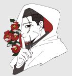  1boy black_eyes black_hair blank_eyes blank_stare cape collared_jacket cropped_torso facial_hair finger_to_mouth flower fuqa golden_kamuy hair_slicked_back highres hood hood_up hooded_cape index_finger_raised long_sleeves looking_at_viewer male_focus ogata_hyakunosuke red_flower scar scar_on_cheek scar_on_face short_hair shushing sideburns solo stubble undercut 