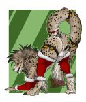  2022 4_horns all_fours alpha_channel anthro anus arm_warmers armwear ass_up ball_tuft balls biped black_body black_fur butt charr christmas christmas_clothing claws clothing dewclaw digital_media_(artwork) digitigrade fangs felid finger_claws fur genitals girly green_background guild_wars hi_res holidays horn leg_warmers legwear looking_at_viewer looking_back looking_back_at_viewer male mammal multi_horn multicolored_body multicolored_fur pawpads paws perineum presenting presenting_hindquarters red_eyes simple_background smile solo spots spotted_body spotted_fur tan_body tan_fur toe_claws tuft vampirika video_games white_body white_fur 