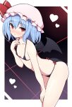  1girl :/ ass bangs bat_wings bikini black_background black_bikini black_wings blue_hair blush border breasts cleavage closed_mouth hat hat_ribbon heart highres looking_at_viewer micro_bikini mob_cap pink_headwear red_eyes red_ribbon remilia_scarlet ribbon rizento short_hair small_breasts solo swimsuit touhou white_border wings 