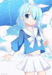  1girl arona_(blue_archive) blue_archive blue_hair blue_shirt blue_sky blush choker closed_mouth cloud day hairband highres holding holding_umbrella long_hair long_sleeves midriff multicolored_hair navel pink_hair sailor_collar shirt short_hair skirt sky smile thighs twitter_username two-tone_hair umbrella white_choker white_hairband white_sailor_collar white_skirt yun_(kbdenz9) 