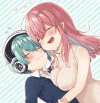  1boy 1girl age_difference aqua_background aqua_hair black_jacket blush breast_press breasts closed_eyes closed_mouth collared_shirt dutch_angle embarrassed flying_sweatdrops hair_between_eyes headphones heads_together heart hetero highres holding_another&#039;s_arm hug jacket large_breasts long_hair onee-shota open_mouth original os_(os_fresa) outline partially_unbuttoned pink_hair pointy_ears ribbed_sweater shirt short_hair sidelocks sleeveless sleeveless_sweater smile striped striped_background sweater turtleneck turtleneck_sweater upper_body wavy_mouth white_outline white_shirt 