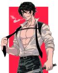  1boy bangs black_hair black_necktie chainsaw_man chest_belt cigarette collared_shirt ear_piercing hair_between_eyes highres holding holding_sword holding_weapon katana kishibe_(chainsaw_man) kishibe_(young)_(chainsaw_man) looking_to_the_side muscular muscular_male necktie partially_unbuttoned pectorals piercing popped_collar scar shirt shirt_tucked_in short_hair sleeves_rolled_up smoke smoking solo stitched_face stitched_mouth stitches sword tirtyturtle two-tone_background undone_necktie weapon white_shirt 