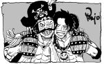  2boys alcohol arm_around_neck arm_tattoo bandana bead_necklace beads beer_mug black_hair cheek-to-cheek cup drinking epaulettes facial_hair father_and_son gol_d._roger hat heads_together holding holding_cup jewelry monochrome mug multiple_boys mustache necklace nishiponi one_eye_closed one_piece open_clothes pirate_hat portgas_d._ace short_hair skull_necklace tattoo topless_male 