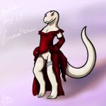  1:1 2022 4_toes 5_fingers absurd_res accessory albino anthro arm_tattoo armwear big_tail blush body_blush cel_shading clothed clothing clothing_aside clothing_lift crusch_lulu cute_fangs dated digital_drawing_(artwork) digital_media_(artwork) digitigrade dress dress_aside dress_lift elbow_gloves english_text evening_gloves evening_gown eyelashes fancy_clothing feet female fingers flat_chested formal formal_dress formal_wear front_view garter genitals gloves hand_on_hip handwear hi_res humanoid_hands kinktober leg_tattoo lizard lizardman_(overlord) long_tail looking_at_viewer neck_tattoo no_underwear orange_tattoo overlord_(series) partially_clothed pupils purple_background pussy pussy_blush red_armwear red_clothing red_dress red_elbow_gloves red_eyes red_gloves red_handwear reptile ruffled_dress scales scalie shaded shadow signature simple_background slit_dress slit_pupils smile smiling_at_viewer snout solo spe strapless_clothing strapless_dress tail_tattoo tapering_tail tattoo text thick_tail thick_thighs thigh_tattoo toes tribal tribal_tattoo white_body white_garter white_pussy white_scales wide_hips 