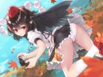  1girl ass autumn_leaves black_hair black_wings camera day flying hat medium_hair outdoors panties pointy_ears pom_pom_(clothes) rabittofaa red_eyes red_headwear shameimaru_aya sky smile solo tokin_hat touhou underwear white_panties wings 