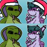  1:1 2018 anthro black_sclera blue_body blue_eyes breasts christmas christmas_clothing christmas_headwear clothing dogfluid duo female fish gesture green_body green_eyes green_hair green_scales hair hat headgear headwear holidays icon looking_at_viewer marine markings multicolored_body multicolored_scales one_eye_closed purple_body reptile santa_clothing santa_hat scales scalie shark smile snake striped_markings stripes tongue tongue_out two_tone_body two_tone_scales v_sign 