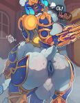  2022 absurd_res anus areola armor backpack ball_tuft balls big_anus big_butt bigcozyorca blizzard_entertainment breasts butt crown dialogue digital_media_(artwork) english_text fur genitals hi_res hooves horn machine male nipples orisa_(overwatch) overwatch penis robot solo taur text tuft vein video_games white_body white_fur wool_(fur) 