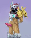  2022 absurd_res animal_genitalia anthro armor bandai_namco claws digimon digimon_(species) digital_media_(artwork) erection genital_slit genitals green_eyes hair headgear helmet hi_res horn looking_at_viewer male muscular muscular_male pantsless penis pink_penis pokegontc pose red_hair simple_background slit solo standing wargreymon wargreymon_x x-digimon 