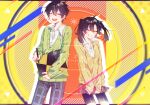  1boy 1girl ^_^ anniversary bangs black_hair black_pants black_skirt blue_pants blurry cardigan closed_eyes collared_shirt english_text enomoto_takane facing_viewer green_cardigan height_difference holding holding_pencil holding_sketchbook kagerou_project kokonose_haruka long_sleeves miniskirt multicolored_background muuta04 open_mouth pants pencil plaid plaid_pants plaid_skirt red_skirt school_uniform shirt short_hair sketchbook skirt sleeves_past_wrists solo song_name striped sun teeth twintails vertical_stripes yellow_cardigan yuukei_yesterday_(vocaloid) 