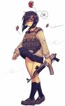  1girl black_footwear black_hair black_sailor_collar black_skirt black_socks cb_(c-board) clothes_lift commentary_request crushed_can falling_leaves fanny_pack full_body gun highres holding holding_gun holding_weapon leaf loafers long_hair long_sleeves low_twintails nike original panties pleated_skirt purple_panties ribbed_legwear sailor_collar shirt shoes simple_background skirt skirt_lift socks solo translation_request twintails underwear weapon weapon_request white_background white_shirt wind wind_lift 