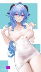  1girl ahoge aqua_background areola_slip bangs bare_shoulders blue_hair breasts camisole closed_mouth cowboy_shot ganyu_(genshin_impact) genshin_impact goat_horns hair_between_eyes hands_up holding horns inverted_nipples large_breasts long_hair looking_at_viewer nipples omone_hokoma_agm panties purple_eyes see-through sidelocks signature simple_background solo strap_slip thighs two-tone_background underwear underwear_only white_background white_camisole white_panties 