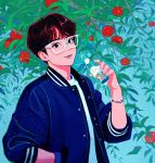  1boy apple_tree ateez bishounen blue_jacket blue_sky bracelet branch brown_hair choi_jong-ho commentary day glasses hand_in_pocket jacket jewelry k-pop male_focus open_clothes open_jacket outdoors real_life shirt sky soda_bottle soorin symbol-only_commentary tree white_shirt 