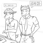  1:1 anthro belt black_and_white bottomwear canid clothed clothed/nude clothed_male_nude_male clothing collared_shirt comic covering covering_crotch dialogue duo embarrassed english_text fully_clothed fuze hands_on_hips hi_res lanyard male mammal monochrome navel necktie nipples nude office pants text 