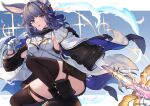  1girl absurdres animal_ears blue_hair blush boots bracelet breasts cleavage erune gloves granblue_fantasy guricoogen hair_ornament highres holding holding_staff holding_weapon jewelry open_mouth pouch purple_eyes solo staff thighhighs tikoh weapon white_gloves 