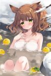  1girl :o animal_ears aston_machan_(umamusume) bangs bare_arms bare_shoulders blush breasts brown_hair collarbone commentary food fruit green_eyes hair_between_eyes hair_ornament hair_scrunchie hand_up horse_ears looking_at_viewer medium_breasts naked_towel one_side_up onsen parted_lips partially_submerged purinpurin red_scrunchie scrunchie snow solo towel twitter_username umamusume water yuzu_(fruit) yuzu_bath 