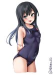  1girl alternate_costume asashio_(kancolle) black_hair blue_eyes blue_one-piece_swimsuit blush breasts competition_school_swimsuit cowboy_shot ebifurya highres kantai_collection long_hair looking_at_viewer one-hour_drawing_challenge one-piece_swimsuit school_swimsuit skindentation small_breasts smile swimsuit twitter_username white_background 