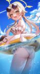  1girl @_@ absurdres ass bare_shoulders bikini blonde_hair blue_archive blue_sky blush cloud embarrassed english_commentary eyewear_on_head frilled_bikini frills halo hifumi_(blue_archive) hifumi_(swimsuit)_(blue_archive) highres innertube li_se looking_at_viewer low_twintails ocean open_mouth partially_submerged peroro_(blue_archive) round_eyewear sky solo swimsuit twintails wet white_bikini 