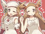  2girls anidler91 blush brown_eyes dress dual_persona gloves hair_bobbles hair_ornament hat highres holding jasmine_(holiday_2022)_(pokemon) jasmine_(pokemon) light_brown_hair multiple_girls official_alternate_costume one_eye_closed open_mouth pokemon pokemon_(game) pokemon_gsc pokemon_masters_ex red_background sleeveless sleeveless_dress sundress upper_body white_headwear 