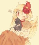  1girl animal animal_on_head bird bird_on_head bird_tail bird_wings blonde_hair blush cat chick dress feathered_wings holding holding_animal itomugi-kun long_sleeves multicolored_hair niwatari_kutaka on_head one_eye_closed orange_dress parted_lips red_eyes red_hair shirt short_hair simple_background solo tail touhou two-tone_hair white_shirt wings yellow_background yellow_wings 