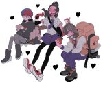  1boy 2girls :d arven_(pokemon) backpack bag bangs black_hoodie black_pantyhose blue_hair boots bright_pupils brown_bag brown_hair closed_eyes collared_shirt commentary_request glasses grey_eyes heart highres holding holding_poke_ball hood hoodie moumuriy multicolored_hair multiple_girls necktie nemona_(pokemon) pantyhose penny_(pokemon) poke_ball poke_ball_(basic) poke_ball_print pokemon pokemon_(game) pokemon_sv ponytail purple_necktie purple_shorts red_hair round_eyewear see-through see-through_skirt shirt shoes shorts sitting skirt smile two-tone_hair vest white_background 