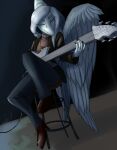  5_fingers anthro big_wings blue_body bone_frill bottomwear chair clothing colored ei_art electric_guitar eyes_closed fang_(gvh) feathered_wings feathers female fingers footwear frill_(anatomy) furniture goodbye_volcano_high grey_hair guitar hair hi_res high_heels holding_guitar jacket musical_instrument on_chair pants pendant plantigrade playing_guitar playing_music plucked_string_instrument pterodactylus pterosaur reptile ring scalie shirt sitting sitting_on_chair snoot_game_(fan_game) solo stool string_instrument topwear wings 