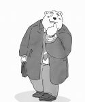  2022 anthro bear biped blush bottomwear clothing hi_res kemono mammal monochrome necktie pants pommn_mn shirt simple_background solo topwear 