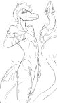  anthro dinosaur dromaeosaurid feathered_tail feathers genitals goodbye_volcano_high hair long_snout male markings monochrome nude penis reed_(gvh) reptile scalie simple_background sketch slim snoot_game_(fan_game) snout solo theropod unknown_artist velociraptor video_games white_background 