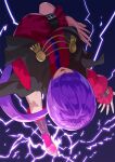  1girl breasts cleavage cropped_jacket electricity facing_viewer hair_over_eyes high_heels highres jacket jewelry kicking large_breasts lightning lips long_hair long_sleeves looking_at_viewer open_mouth orochi_shermie pencil_skirt ponytail purple_hair red_jacket red_skirt shermie_(kof) skirt solo the_king_of_fighters yagi2013 