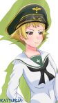  1girl blonde_hair erwin_(girls_und_panzer) girls_und_panzer hat highres katyusharocket short_hair simple_background skirt smile solo 