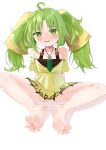  1girl absurdres ahoge armpit_crease arms_behind_back bangs barefoot big_hair blush breasts collarbone commentary_request dress duel_monster feet green_eyes green_hair hair_tubes highres jewelry legs looking_at_viewer lts_kakuyo necklace open_mouth shiny shiny_hair shiny_skin short_dress short_sleeves simple_background sitting small_breasts soles solo spread_toes thighs toes traptrix_sera twintails white_background yellow_dress yu-gi-oh! 