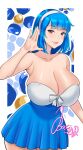  1girl absurdres armpits bagjaoppay bangs bare_shoulders blue_hair blue_skirt blunt_bangs border breasts cleavage closed_mouth curvy hairband high-waist_skirt highres huge_breasts medium_hair original red_eyes rina_atherina skirt smile solo strapless white_border white_hairband 