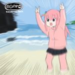  1girl album_cover arms_up beach black_skirt blue_eyes blurry bocchi_the_rock! cover double_v full_body gotou_hitori highres inuinu_(project_october) jacket no_shoes open_mouth pants pants_under_skirt pink_hair pink_jacket pleated_skirt skirt solo the_prodigy track_jacket track_suit v 