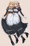  2girls :o absurdres blonde_hair character_request fith gloves heart highres holding holding_clothes holding_skirt long_hair long_sleeves maid maid_headdress multiple_girls nama open_mouth orange_hair overlord_(maruyama) red_eyes short_hair skirt smile teeth thighhighs upper_teeth white_gloves 