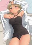  1girl @_@ alice_gear_aegis araime_yasuri arms_up bangs bed_sheet black_dress black_eyes black_panties blush breasts cleavage criss-cross_halter dress halterneck highres large_breasts long_hair long_sleeves looking_at_viewer lying on_back open_clothes panties parted_lips pillow short_dress solo tan underwear unpasu wire_cutters 