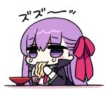  1girl ai_drawing_anime_characters_eating_ramen_(meme) bb_(fate) blush_stickers bowl breasts chan_co chibi commentary eating fate/extra fate_(series) food gloves hair_ribbon long_hair meme noodles pink_ribbon purple_eyes purple_hair ramen ribbon simple_background solo white_background white_gloves 