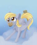  2020 blonde_hair box cloud container cutie_mark derp_eyes derpy_hooves_(mlp) digital_media_(artwork) dusthiel equid equine eyelashes feathered_wings feathers female feral food friendship_is_magic fur grey_body grey_feathers grey_fur hair hasbro hi_res mammal mouth_hold muffin my_little_pony pegasus smile solo wings yellow_eyes yellow_tail 