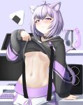  1girl adult_aongly animal_ear_fluff animal_ears breasts cat_ears cat_girl cat_tail closed_mouth clothes_lift collar crop_top food highres hololive hood hoodie hoodie_lift keyboard_(computer) large_breasts midriff navel nekomata_okayu no_bra onigiri pants purple_eyes purple_hair shirt_lift solo stomach tail underboob virtual_youtuber 
