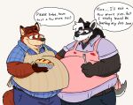  2022 anthro apron badger belly big_belly black_body bottomwear brown_body canid canine clothing dessert dialogue disney duo english_text food fox gideon_grey hi_res male mammal mangodragon847 mustelid musteline obese obese_male overweight overweight_male pants pie shirt text topwear white_body zootopia 