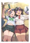  2girls arm_around_waist artist_name ball bare_legs black_hair blue_eyes blue_hair bow bowtie breasts breasts_apart green_bow green_bowtie hair_bow hair_ornament hairclip highres inoue_sora long_hair looking_at_viewer lying mai_ball! medium_breasts miniskirt miyano_ichigo miyano_mai multiple_girls navel necktie official_art on_back one_eye_closed open_mouth pinky_out plaid plaid_skirt pleated_skirt school_uniform serafuku shirt siblings side_ponytail sisters skirt sleeves_rolled_up smile soccer_ball tatami wet wet_clothes wet_shirt white_shirt 