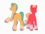  4:3 badge blush brown_hooves cloudydr0p cutie_mark digital_media_(artwork) duo earth_pony equid equine eyebrows feral fetlocks green_hair green_mane green_tail hair half-closed_eyes hasbro hi_res hitch_trailblazer_(mlp) hooves horse leg_tuft male mammal mane mlp_g5 my_little_pony narrowed_eyes pony red_body red_hooves simple_background smile sprout_cloverleaf_(mlp) tan_hair tan_mane tan_tail thick_eyebrows tuft wavy_mouth white_background yellow_body 