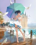  1girl absurdres ahoge bangs bare_legs bird black_hair blue_eyes blue_hair building closed_mouth colored_inner_hair dated day dress floating_hair hair_between_eyes highres holding holding_umbrella honkai_(series) honkai_impact_3rd looking_at_viewer medium_hair multicolored_hair outdoors ribao sandals seele_vollerei signature solo standing thigh_strap umbrella water white_dress 