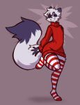  &diams; ambiguous_gender anthro arctic_fox canid canine clothing dipstick_ears dipstick_tail dust_(mewgle) eyes_closed fluffy fluffy_tail fox fur grey_body grey_fur hi_res legwear mammal markings mewgle multicolored_ears pattern_clothing pattern_legwear pattern_thigh_highs raised_leg red_clothing red_sweater red_topwear smile solo striped_clothing striped_legwear striped_thigh_highs stripes suit_symbol sweater tail_markings thigh_highs topwear wide_hips 