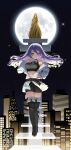  1girl absurdres belt black_nails black_shorts boots breasts city colored_inner_hair crop_top floating_stairs full_moon hand_on_hip highres hololive hololive_indonesia jacket large_breasts long_hair midriff monument moon moona_hoshinova multicolored_hair navel night purple_eyes purple_hair rem_moon shorts starry_hair thigh_boots twitter_username virtual_youtuber white_jacket 