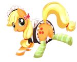  2013 applejack_(mlp) blonde_hair bottomwear bow_ribbon butt clothed clothed_feral clothing cuffs_(clothing) cutie_mark digital_drawing_(artwork) digital_media_(artwork) earth_pony equid equine featureless_crotch female feral footwear freckles friendship_is_magic green_eyes hair hasbro horse legwear lightria looking_back maid_headdress maid_uniform mammal my_little_pony open_mouth open_smile orange_body pattern_clothing pattern_footwear pattern_legwear pattern_socks pony raised_leg simple_background skirt smile socks solo striped_clothing striped_footwear striped_socks stripes uniform upskirt white_background yellow_tail 
