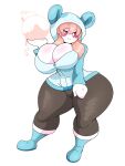  big_breasts blush bomb bottomwear breasts clothed clothing explosives female footwear hair hi_res hood humanoid jacket kirbot12 pants pink_hair red_eyes shoes simple_background solo topwear white_body xenette 