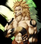  2021 abs absurd_res anthro bared_teeth biceps biped black_nose blonde_hair canid canine canis chibikoma clothed clothing digital_drawing_(artwork) digital_media_(artwork) domestic_dog fur hair half-length_portrait hero hi_res male mammal muscular muscular_anthro muscular_male muzzle_(object) my_hero_academia navel pecs portrait ryo_inui sharp_teeth solo spiky_hair tan_body tan_fur teacher teeth topless topless_anthro topless_male 