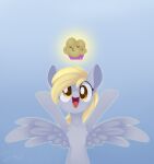  2020 blonde_hair blue_background chest_tuft derpy_hooves_(mlp) digital_media_(artwork) dusthiel equid equine feathered_wings feathers female feral food friendship_is_magic fur grey_body grey_feathers grey_fur hair happy hasbro hi_res mammal muffin my_little_pony open_mouth open_smile pegasus simple_background smile solo spread_wings tuft wings yellow_eyes 