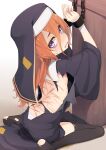 1girl back bags_under_eyes bandaged_arm bandages black_thighhighs charlotte_(ogami_kazuki) crying crying_with_eyes_open cuffs from_behind habit hair_between_eyes highres indoors long_hair long_sleeves looking_at_viewer looking_back nun ogami_kazuki orange_hair original panties panty_peek patch purple_eyes restrained shackles sitting solo tears thighhighs torn_clothes underwear wariza whip_marks white_panties 